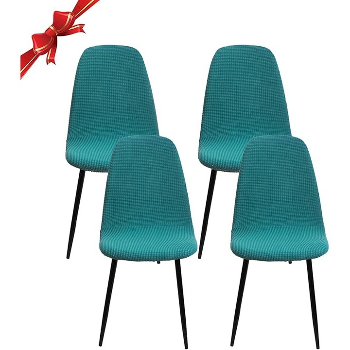 Set 4 huse elastice pentru scaune rotunde, albastru slate, din poliester si spandex, rezistente la apa, usor de curatat