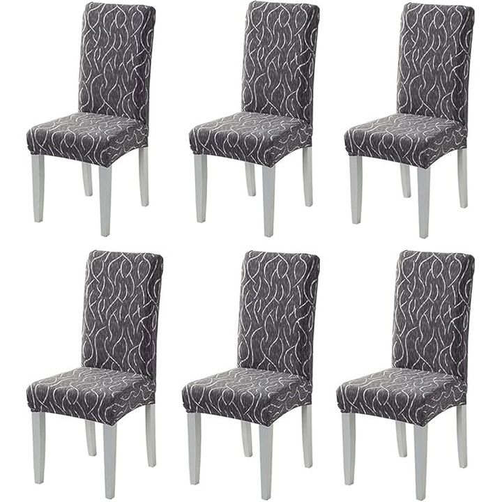 Set 6 huse scaune, elastic, 92% poliester, 8% spandex, multicolor, dimensiuni 48-58cm x 38-48cm x 38-48cm