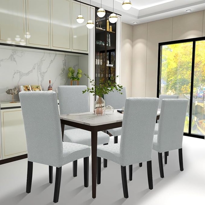 Set de 4 huse pentru scaune de dining, ajustabile, elastice, protectie, gri argintiu, dimensiuni 48-70x35-48cm, 35-51x35-54cm