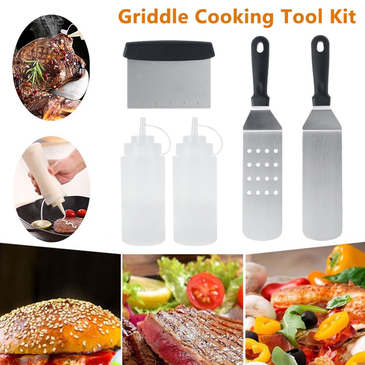 Set ustensile gratar, 5 piese, spatule din otel inoxidabil, sticle pentru condimente, multicolor