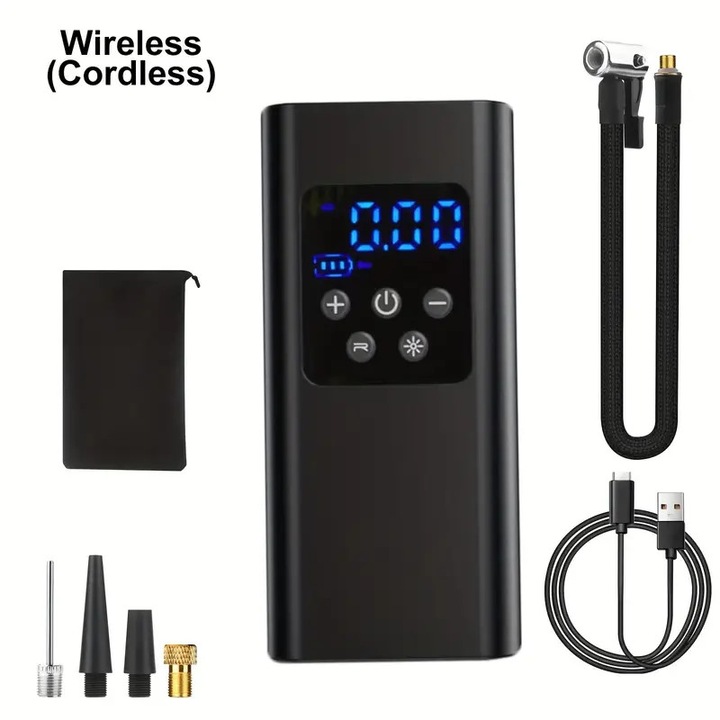 Hordozható pumpa, 150PSI, 4 felfújási mód, digitális kijelző, USB-C töltés, autókhoz, kerékpárokhoz, motorkerékpárokhoz