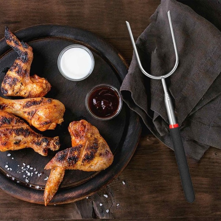 Furculita pentru gratar din otel inoxidabil, extensibil 25-85cm, set de 1 buc.