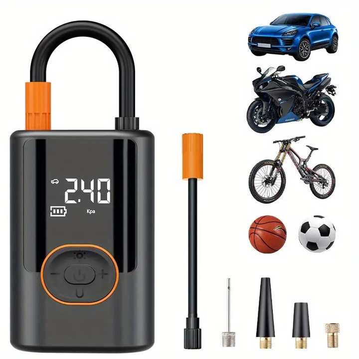 Hordozható légpumpa 150PSI, elektromos, nyomásmérővel, LED-del, autókhoz, kerékpárokhoz, motorkerékpárokhoz és labdákhoz