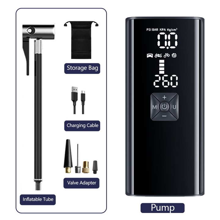 Hordozható légpumpa, 150 PSI, 25000mAh, 4 intelligens üzemmód, LCD kijelzővel, autókhoz és kerékpárokhoz