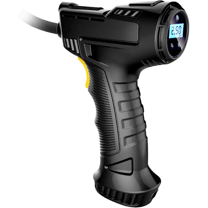 Compresor auto portabil, cu indicator digital de presiune, 150 psi, design ergonomic, pentru biciclete si masini, negru
