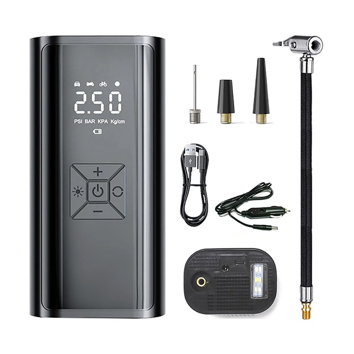 Compresor auto portabil, 12V, cu display digital, LED, pentru masini, motociclete si biciclete