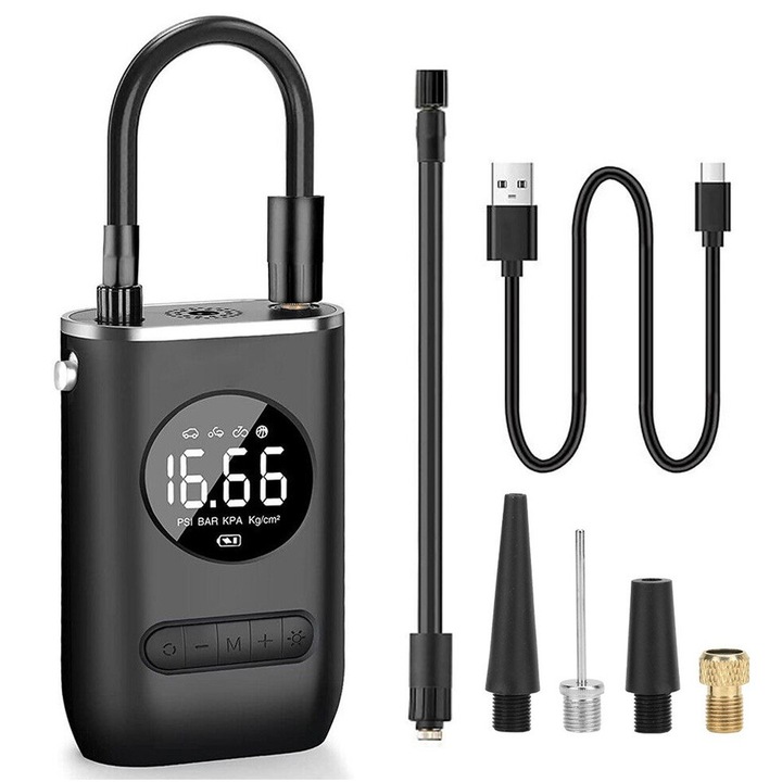 Compresor de aer portabil, 150 PSI, acumulator 4000mAh, design compact, negru, 8.5x13.7cm