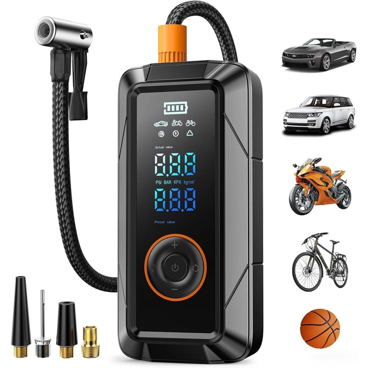 Compresor de aer portabil, 160 PSI, acumulator 12000 mAh, cu manometru digital, iluminare LED, set de pompare pentru biciclete, motociclete si masini