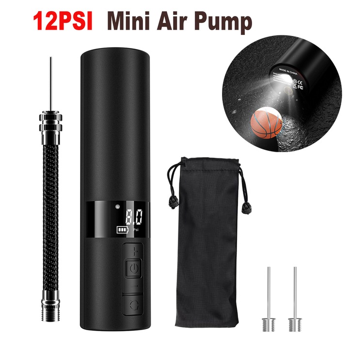 Pompa de umflat pentru mingi, 12 PSI, cu display LCD, neagra, dimensiuni 16.6x4.2cm, set cu furtun si 2 mingi