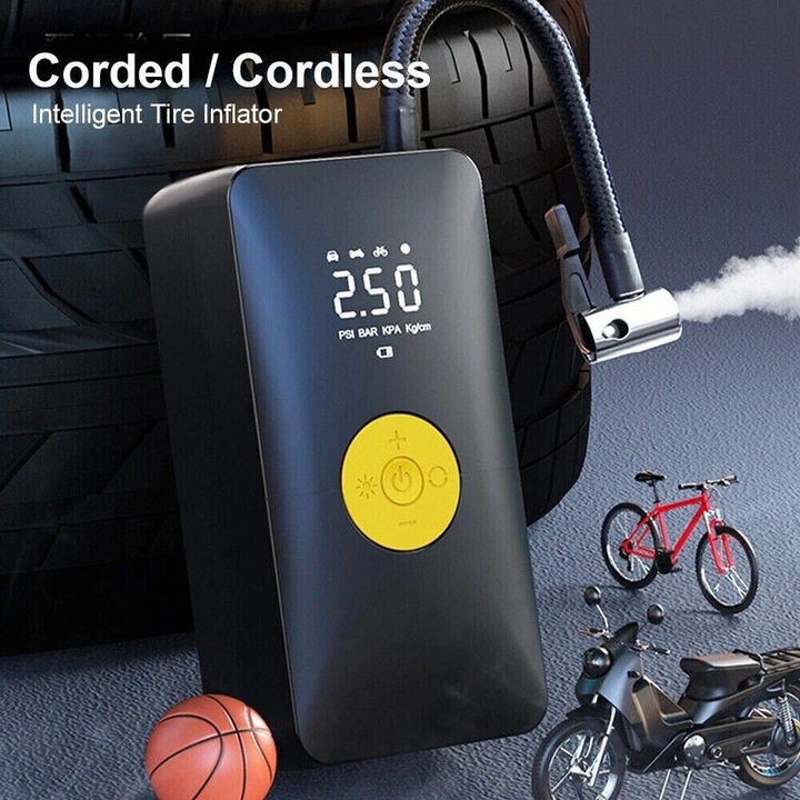 Compresor auto 2-in-1, 4500mAh, portabil, cu 4 duze, pentru biciclete, masini, ATV, negru