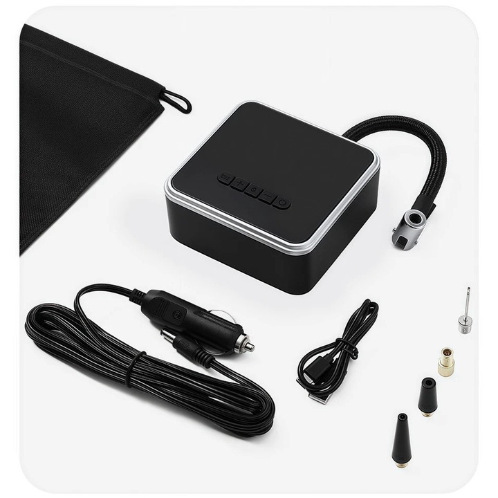 Compresor auto portabil, 150PSI, pompa de aer wireless, cu manometru digital si LED, pentru anvelope de masina, motocicleta, bicicleta si mingi