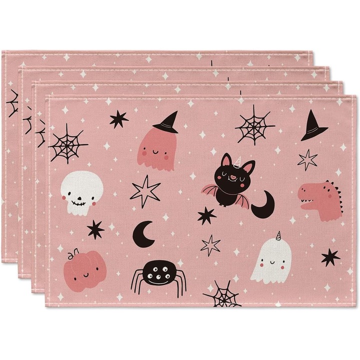 Set 4 servete de Halloween, modele cu paianjeni, fantome, panze de paianjen, luna si lilieci, 30x45cm
