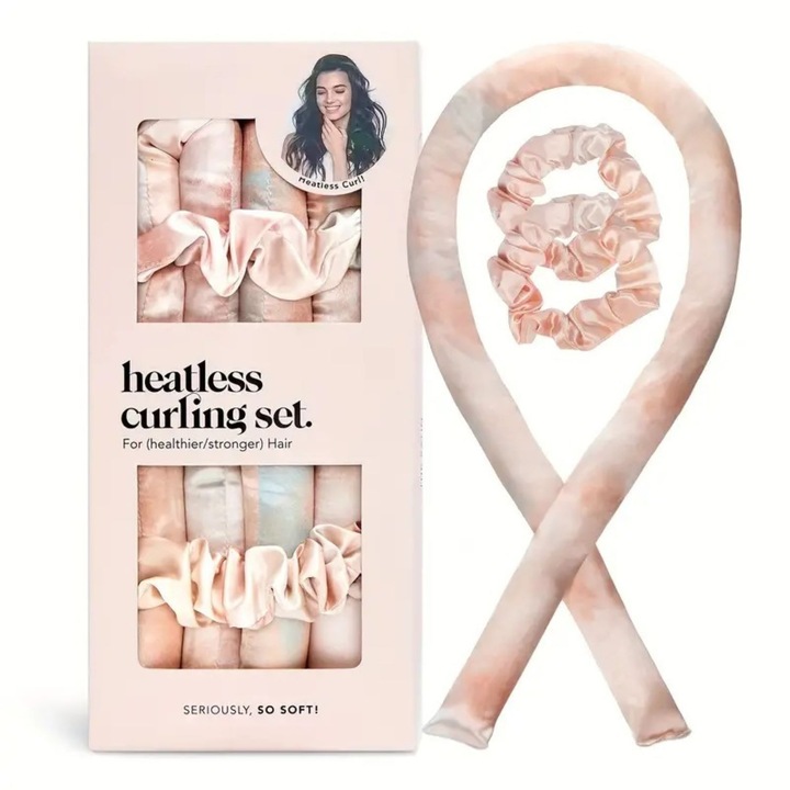 Set Ondulare Fara Caldura cu Bigudiuri Satinate si 2 Bande de Par, Bucle Mari Peste Noapte, Stil Shibori Apus de Soare, Confortabile pentru Dormit