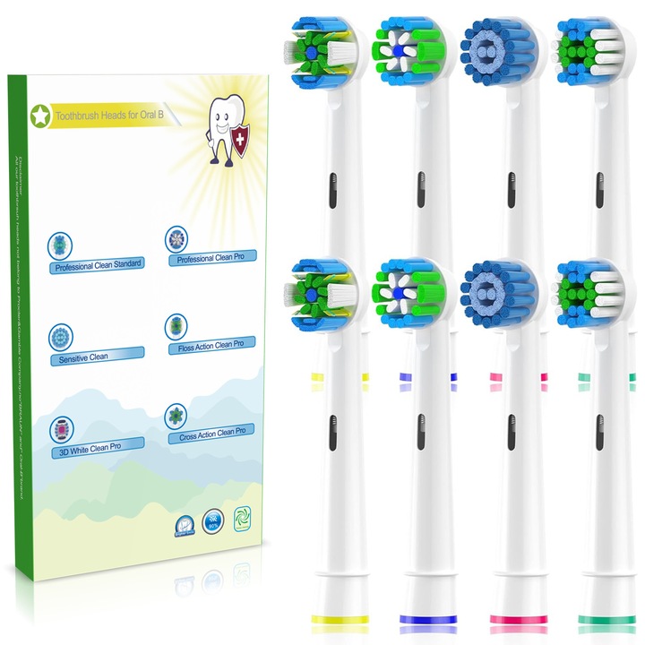 Set 8 capete de inlocuire pentru periute electrice Oral-B, alb, compatibile cu modelele Pro, Smart, Genius, Professional Care, Triumph, Trizone, AdvancePower, Vitality