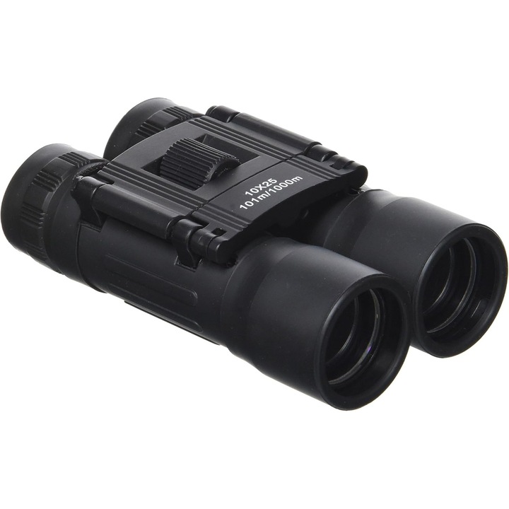 Binoclu pliabil, 10x25mm, negru, cu capac de protectie si carpa de curatare