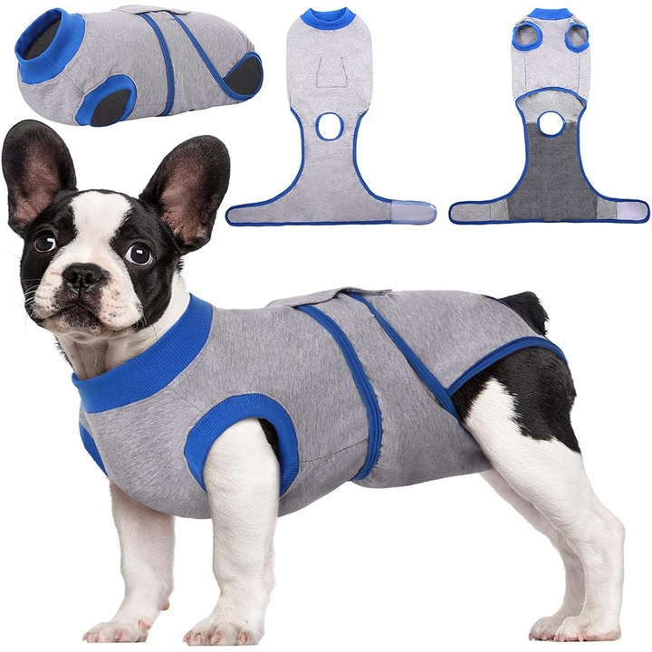 Costum de recuperare post-operator pentru caini, ajustabil, 95% bumbac, 5% spandex, marime S, culoare multicolor