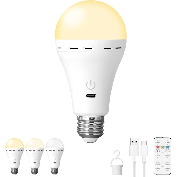 Újratölthető LED izzó, 9W, 300 lumen, 3 színhőmérséklet, időzítő, 2200mAh, levehető tartóval