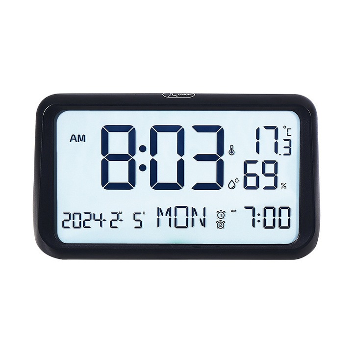 Ceas desteptator LCD, dimensiuni 23x12.5x6.3cm, iluminare moale, culoare neagra, set