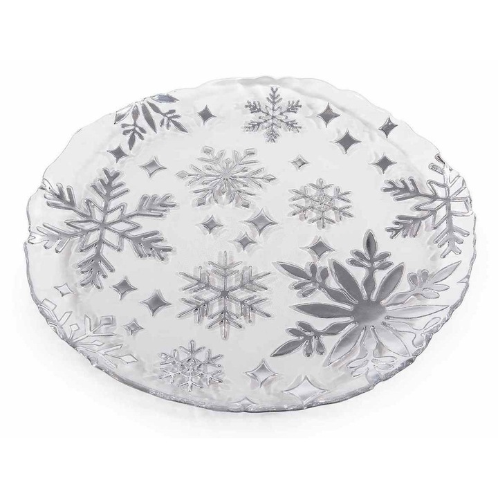 Set 2 platouri Craciun sticla transparenta argintie Ø 32.5 cm