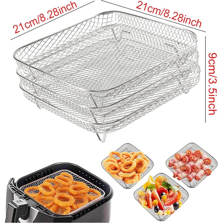 Raft metalic pentru friteuze cu aer, set, 304 otel inoxidabil, dimensiuni variate, compatibil cu friteuze COSORI, INSTANT VORTEX, GOURMIA