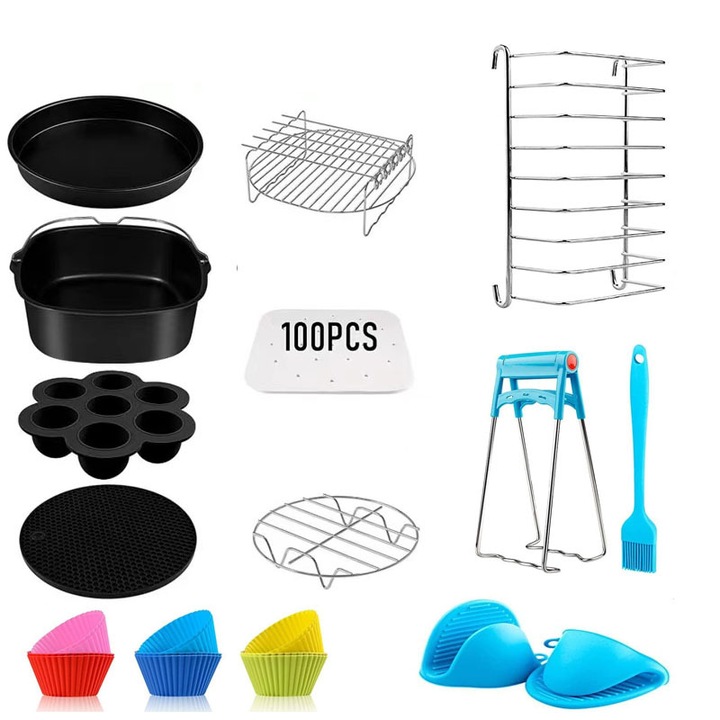 Set accesorii pentru friteuza cu aer, 12 piese, non-stick, pentru friteuze de 5.5L, 6L, 6.2L, multicolor