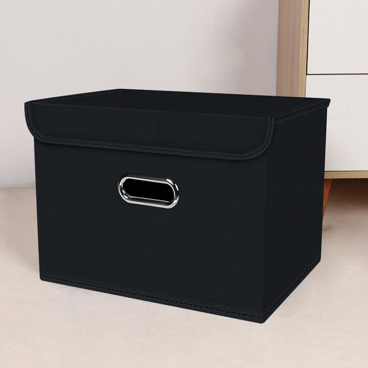 Set de 3 cutii depozitare din material textil, cu capac si manere metalice, negru, dimensiuni mari