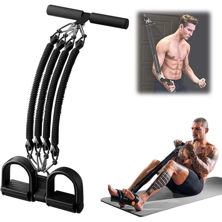 Fitness gumiszalag pedálokkal, 4 csöves, habszivacs fogantyúkkal és csúszásmentes pedálokkal, fekete
