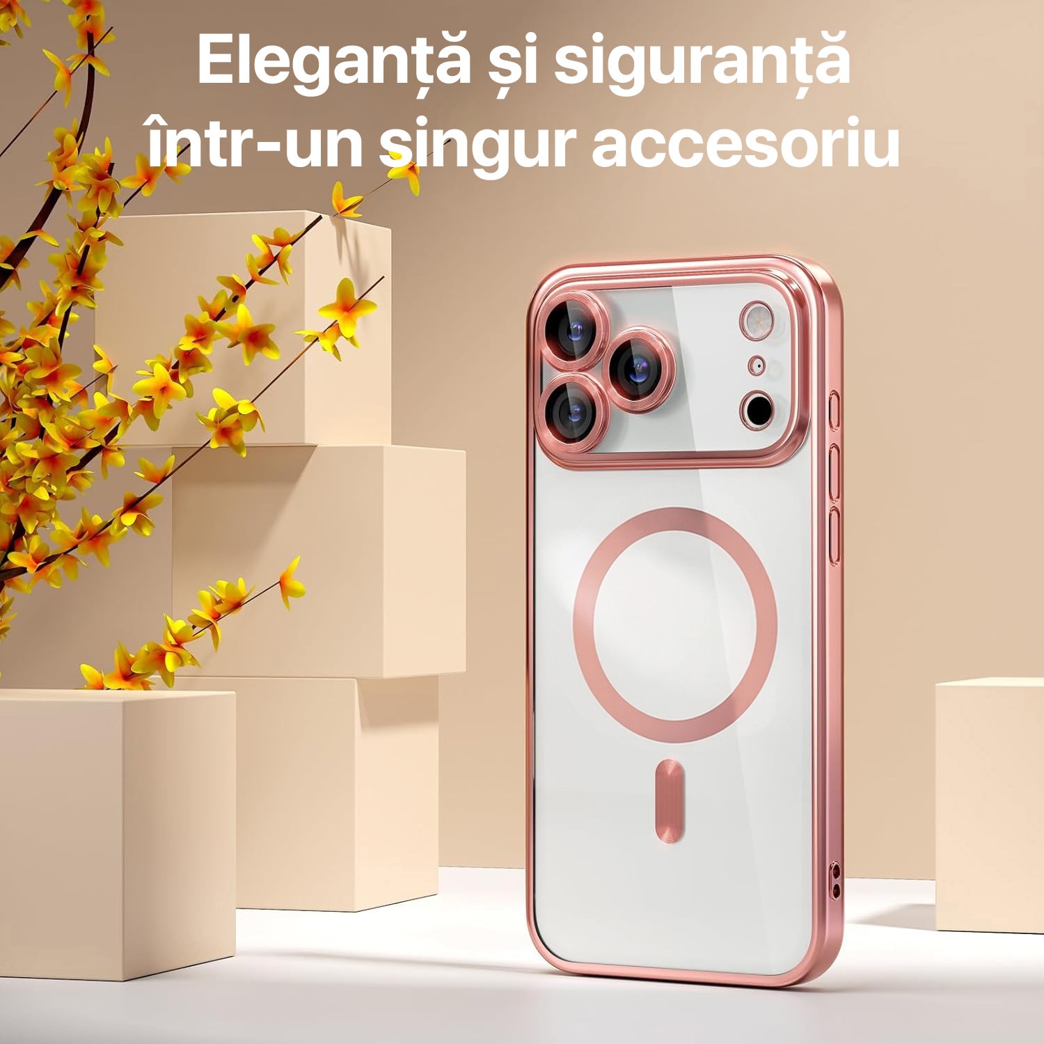 Husa iPhone 17 Pro MagSafe Luxury DaDen, Antisoc, Protectie Camera, Margini Metalizate, Transparenta cu Margini Roz/ Rose Gold
