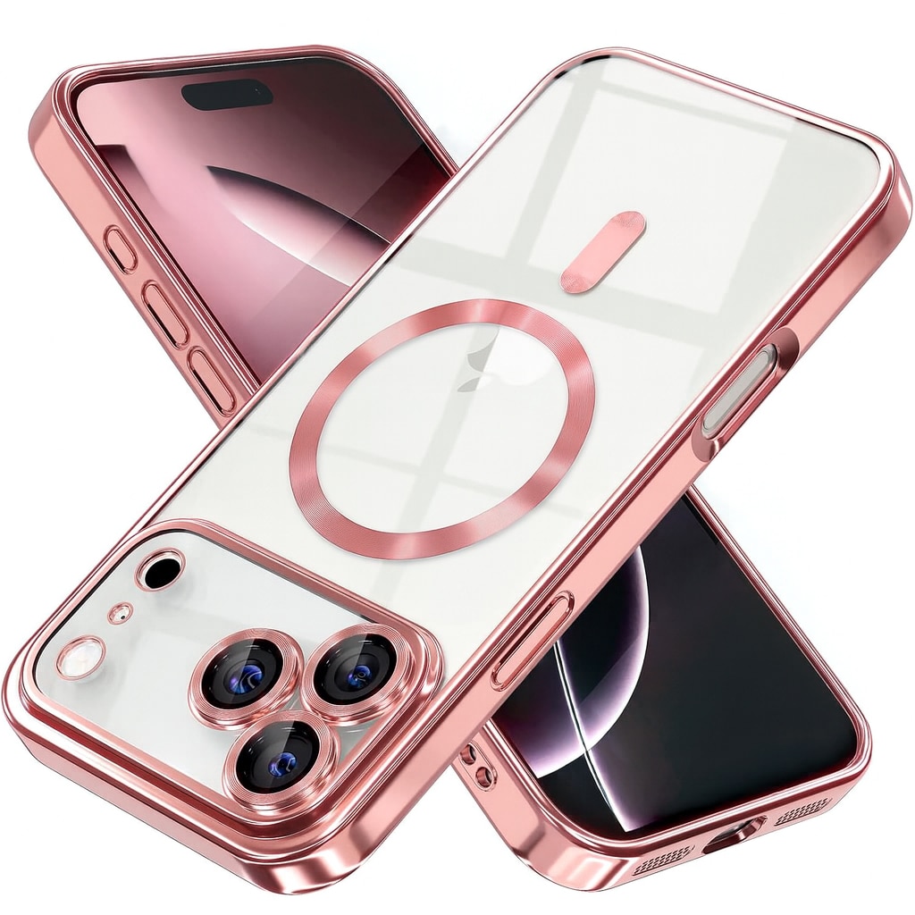 Husa iPhone 17 Pro MagSafe Luxury DaDen, Antisoc, Protectie Camera, Margini Metalizate, Transparenta cu Margini Roz/ Rose Gold