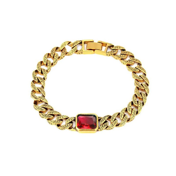 Bratara, aliaj electroplacat, auriu antic/rosu, 21cm, 28g