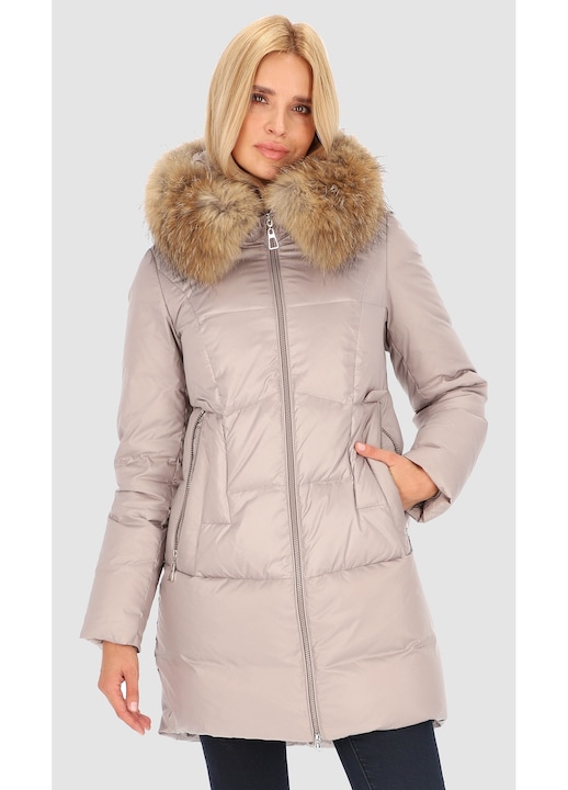 Jacheta matlasata Perso, gluga cu blana detasabila, poliester, bej