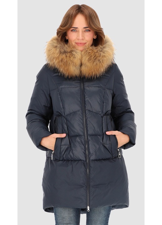 Ватирано яке за жени, Perso, с качулка и сваляща се козина, полиестер, тъмносин