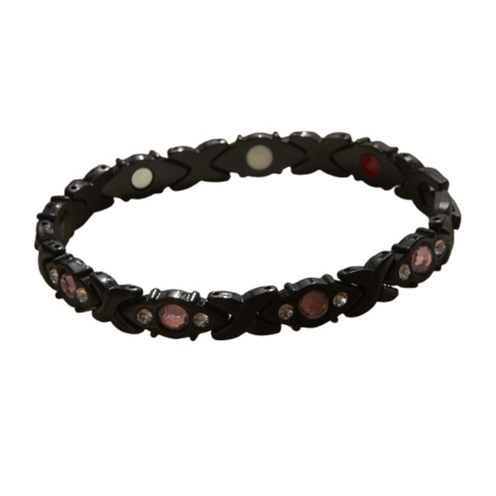 Fekete ötvözet karkötő rózsaszín gyémántokkal, 19cm