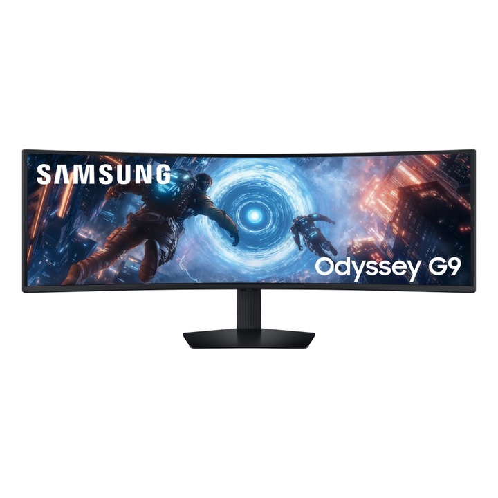 Monitor, Samsung, LS49FG916EUXEN, 49 hüvelyk, ultraszéles, hajlított, VA technológia, 5120 x 1440 px, 1 ms válaszidő, állítható, HDMI, DisplayPort
