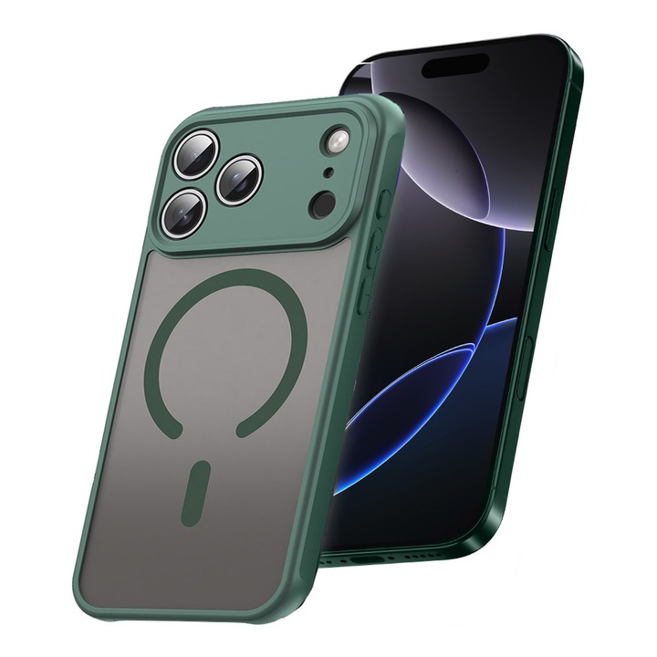 Husa pentru Apple iPhone 17 Pro Max, QuantumOnyx MagSafe Series, MagSafe Integrat, Laterale Ranforsate, Anti-Amprenta, Textura Fina, Anti-Soc, Compatibil cu Accesorii MagSafe, Inarcare Wireless, Spate Translucid, Impotriva Zgarieturillor, Verde