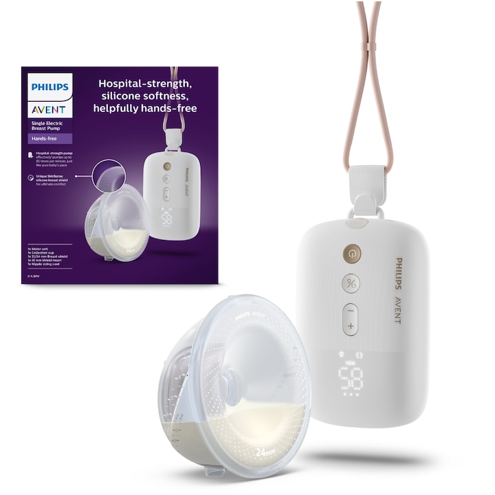 Електрическа помпа за кърма Philips Avent Hands-free SCF531/11, Имитира ритъма на сукане на бебето, Градуирана чашка, 8 режима на стимулация, 16 нива на изцеждане на млякото, Мощност за болнична употреба