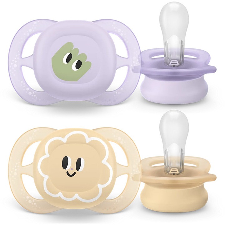 Set 2 suzete Philips Avent Ultra Start SCF075/13, ortodontice, fara BPA, 0-2 luni, bej-lila cu model