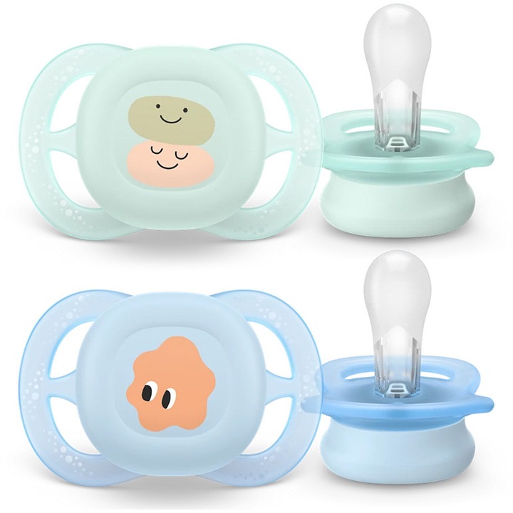 Комплект 2 залъгалки Philips Avent Ultra Start SCF075/14, Ортодонтски, Без BPA, 0-2 месеца, Зелен/Син