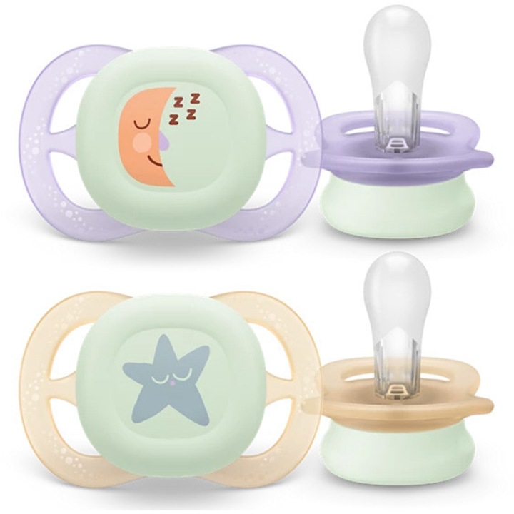 Set 2 suzete Philips Avent Ultra Start SCF075/17, ortodontice, fara BPA, 0-2 luni, pentru noapte, cu buton fosforescent, verde-albastru cu model
