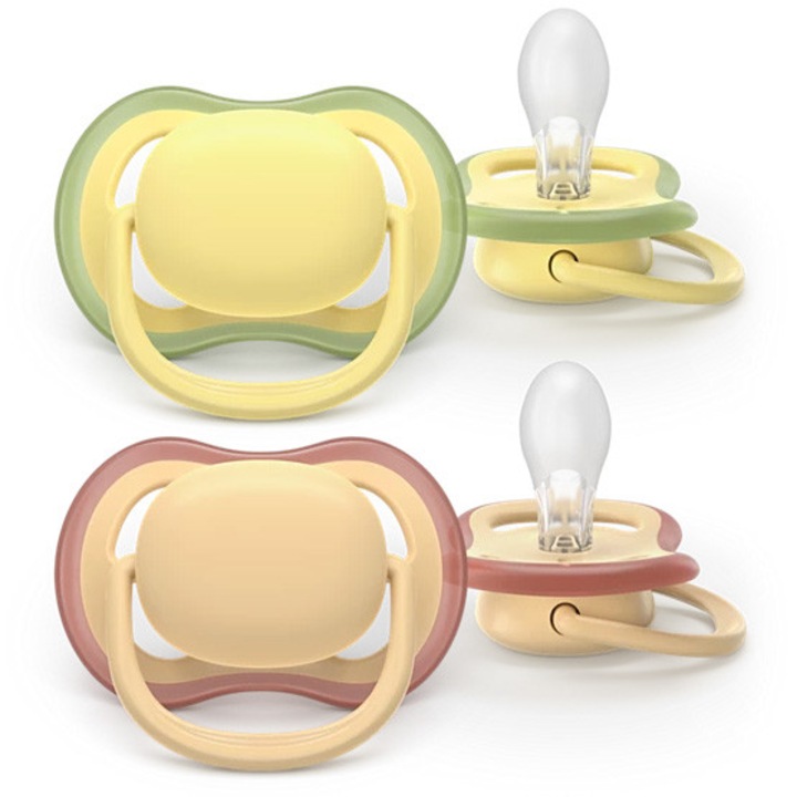 Комплект от 2 залъгалки Philips Avent Ultra Air SCF087/07, Позволяват на кожата на бебето да диша, Ортодонтски, Без BPA, 0-6 месеца, Цветни