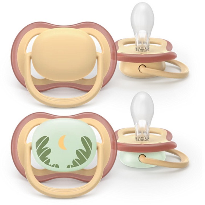 Комплект 2 залъгалки Philips Avent Ultra Air SCF087/09, Позволяват на кожата на бебето да диша, Ортодонтски, Без BPA, 0-6 месеца, Залъгалка с нормален бутон и залъгалка с фосфоресциращ бутон