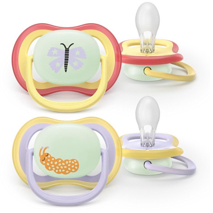 Комплект от 2 залъгалки Philips Avent Ultra Air SCF376/25, Позволяват на кожата на бебето да диша, Ортодонтски, Без BPA, 0-6 месеца, Светещо в тъмното копче