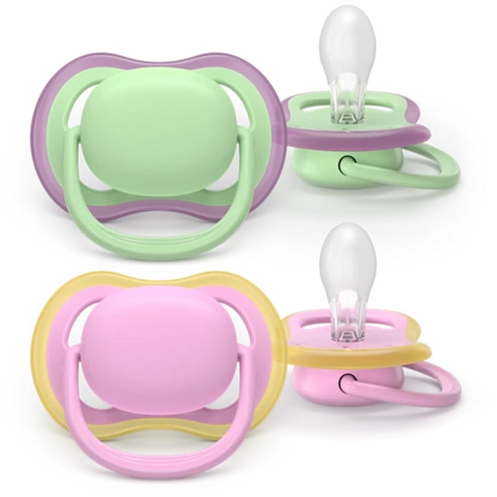 Комплект от 2 залъгалки Philips Avent Ultra Air SCF087/12, Позволяват на кожата на бебето да диша, Ортодонтски, Без BPA, 6-18 месеца, Цветен