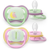 Set 2 suzete Philips Avent Ultra Air SCF376/29 care lasa pielea bebelusului sa respire, ortodontice, fara BPA, 6-18 luni, pentru noapte, cu buton fosforescent