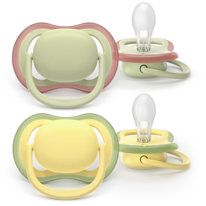 Set 2 suzete Philips Avent Ultra Air SCF349/50 care lasa pielea bebelusului sa respire, tetina extra-ferma, ortodontice, fara BPA, 18 luni+, colorat