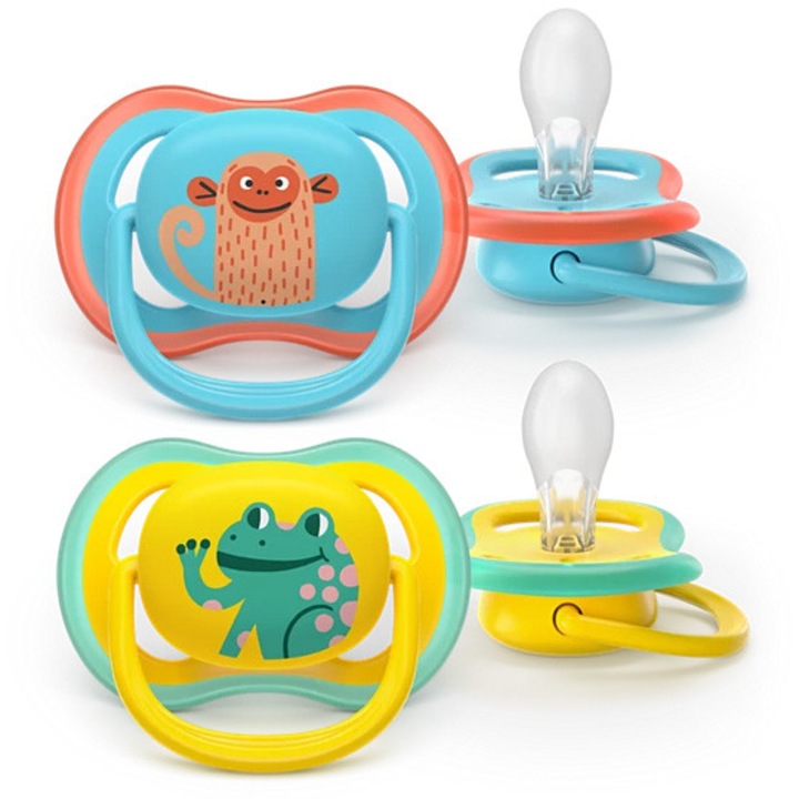 Set 2 suzete Philips Avent Ultra Air SCF349/58 care lasa pielea bebelusului sa respire, tetina extra-ferma, ortodontice, fara BPA, 18 luni+, colorat