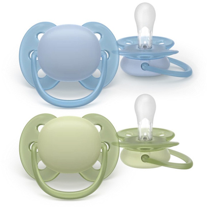 Philips Avent Ultra Soft SCF091/37 cumi készlet, rugalmas koronggal, érzékeny baba bőrre, fogszabályozó, BPA-mentes, 0-6 hónapos kortól, színes, 2 db