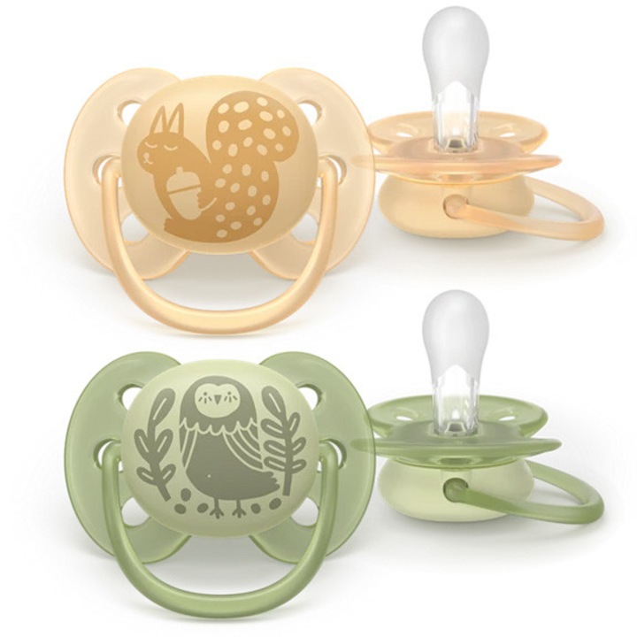 Комплект от 2 залъгалки Philips Avent Ultra Soft SCF091/46, Гъвкав диск, За чувствителна бебешка кожа, Ортодонтски, Без BPA, 6-18 месеца, Цветни