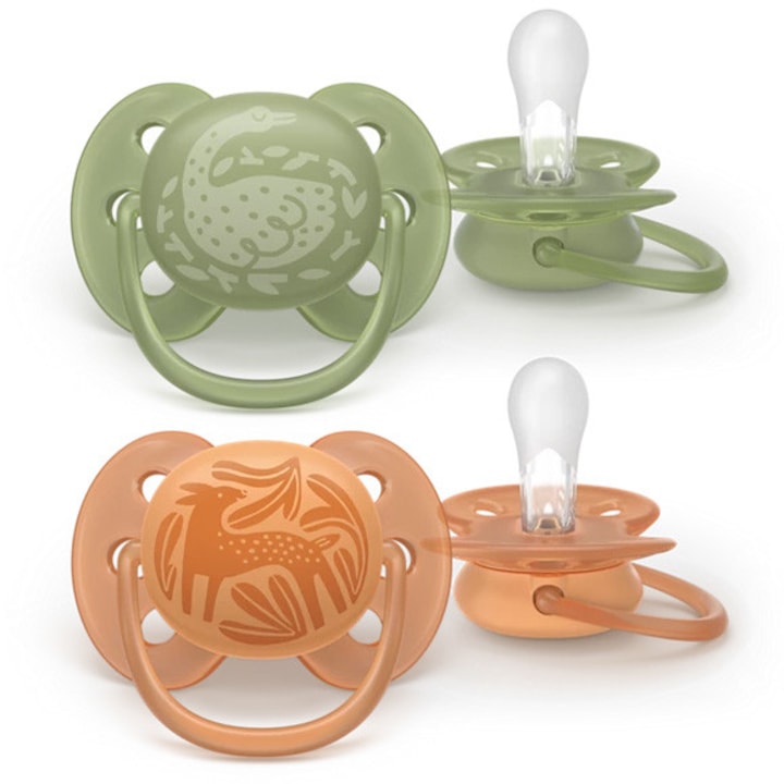 Set 2 suzete Philips Avent Ultra Soft SCF093/06, cu disc flexibil, pentru pielea sensibila a bebelusului, ortodontice, fara BPA, 18 luni+, colorat