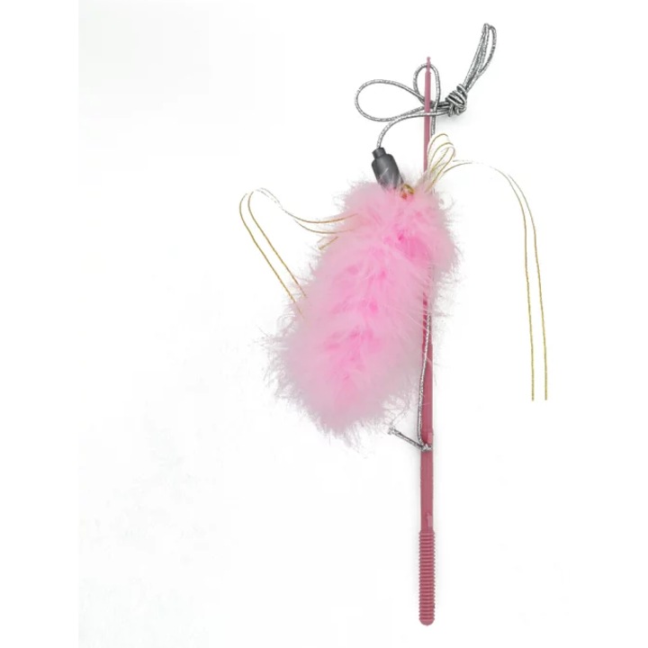 Jucărie interactivă pentru pisici, Japan Premium, Balerina Roz, pene naturale, snur elastic, 250cm